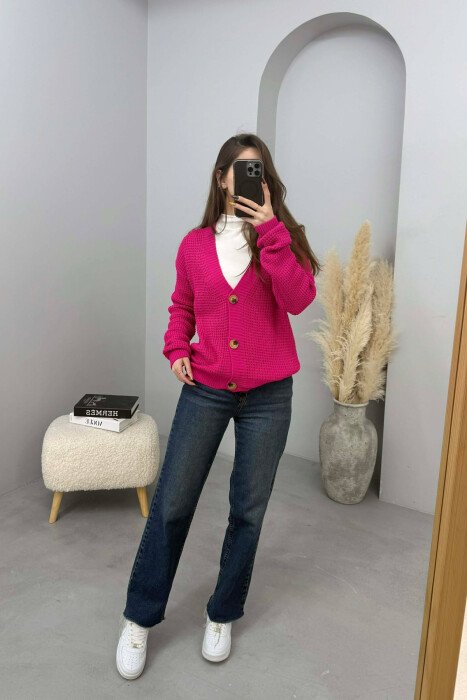 ONE COLOR SIMPLE WOMEN CARDIGAN FUCHSIA/CIKLAMI - 4