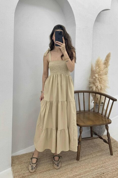 ONE COLOR SIMPLE WOMEN DRESS BEIGE/BEZHE - KLAUDIO FASHION