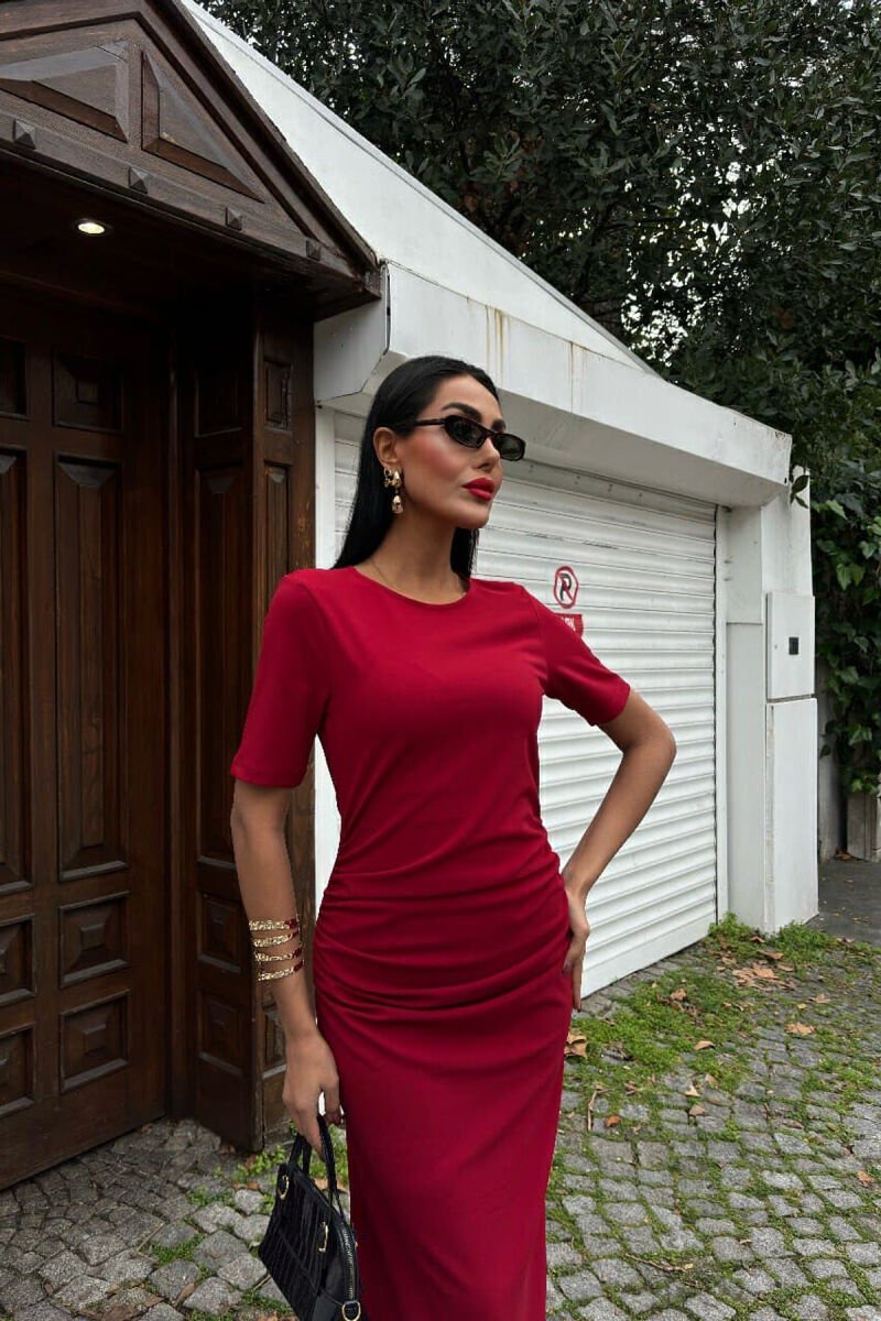 ONE COLOR SIMPLE WOMEN DRESS RED/E KUQE - 4