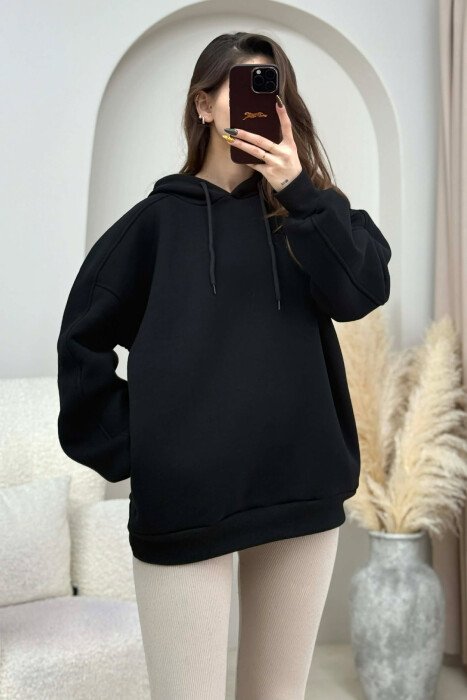 ONE COLOR SIMPLE WOMEN HOODIE BLACK/ E ZEZE - 1