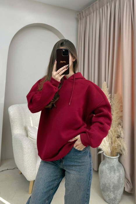 ONE COLOR SIMPLE WOMEN HOODIE BURGUNDY/VISHNJE - 1