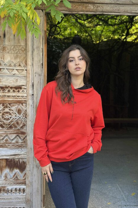ONE COLOR SIMPLE WOMEN HOODIE RED/E KUQE - 2