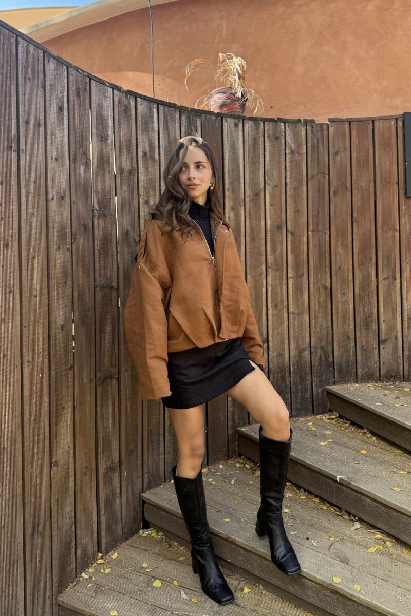 ONE COLOR SIMPLE WOMEN JACKET BROWN/KAFE - 1
