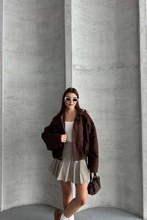 ONE COLOR SIMPLE WOMEN JACKET DARK BROWN/KAE - 1