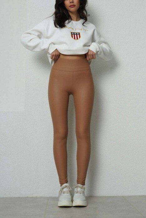 ONE COLOR SIMPLE WOMEN LEGGINGS BEIGE/BEZHE - KLAUDIO FASHION
