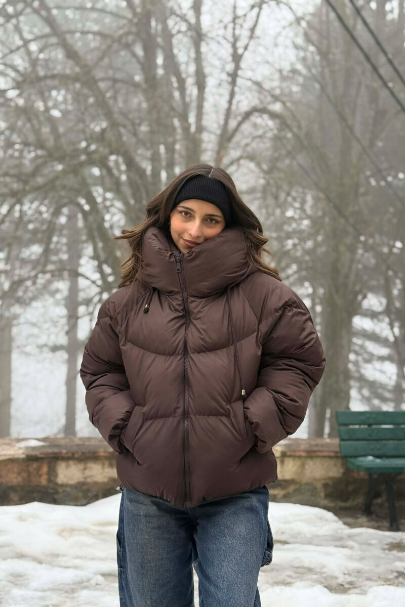 ONE COLOR SIMPLE WOMEN PUFFER JACKET BROWN/KAFE - 1