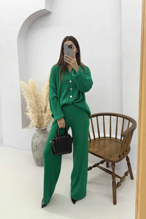 SHIRT+TROUSERS ONE COLOR KNIT WOMEN SET GREEN/JESHILE - KLAUDIO FASHION