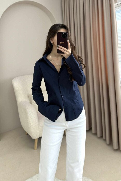 ONE COLOR SIMPLE WOMEN SHIRT DARK BLUE/BEE - 1