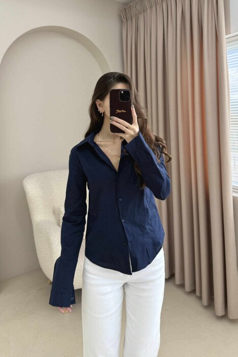 ONE COLOR SIMPLE WOMEN SHIRT DARK BLUE/BEE - 4