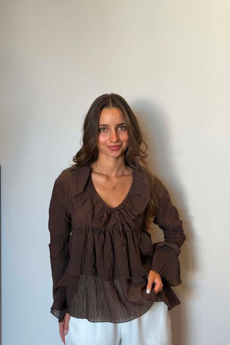 ONE COLOR SIMPLE WOMEN SHIRT DARK BROWN/KAE - 