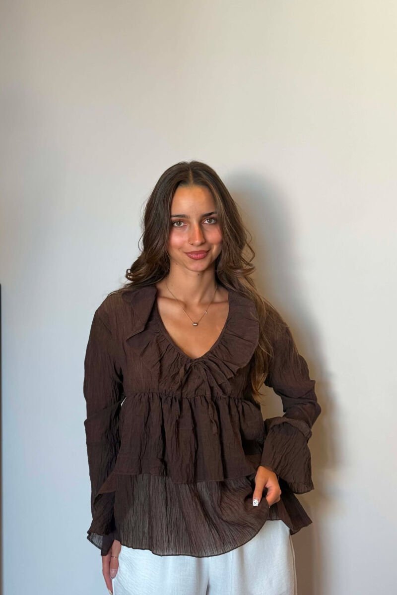 ONE COLOR SIMPLE WOMEN SHIRT DARK BROWN/KAE - 1