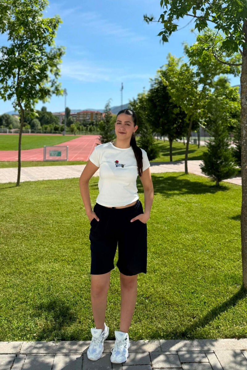 ONE COLOR SIMPLE WOMEN SHORT SWEATPANTS DARK BLUE/BEE - 1