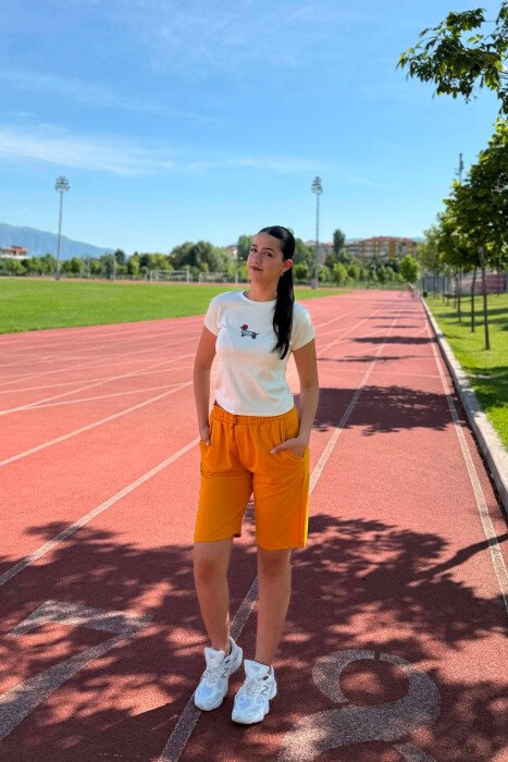ONE COLOR SIMPLE WOMEN SHORT SWEATPANTS MUSTARD/MUSTARDE - 1