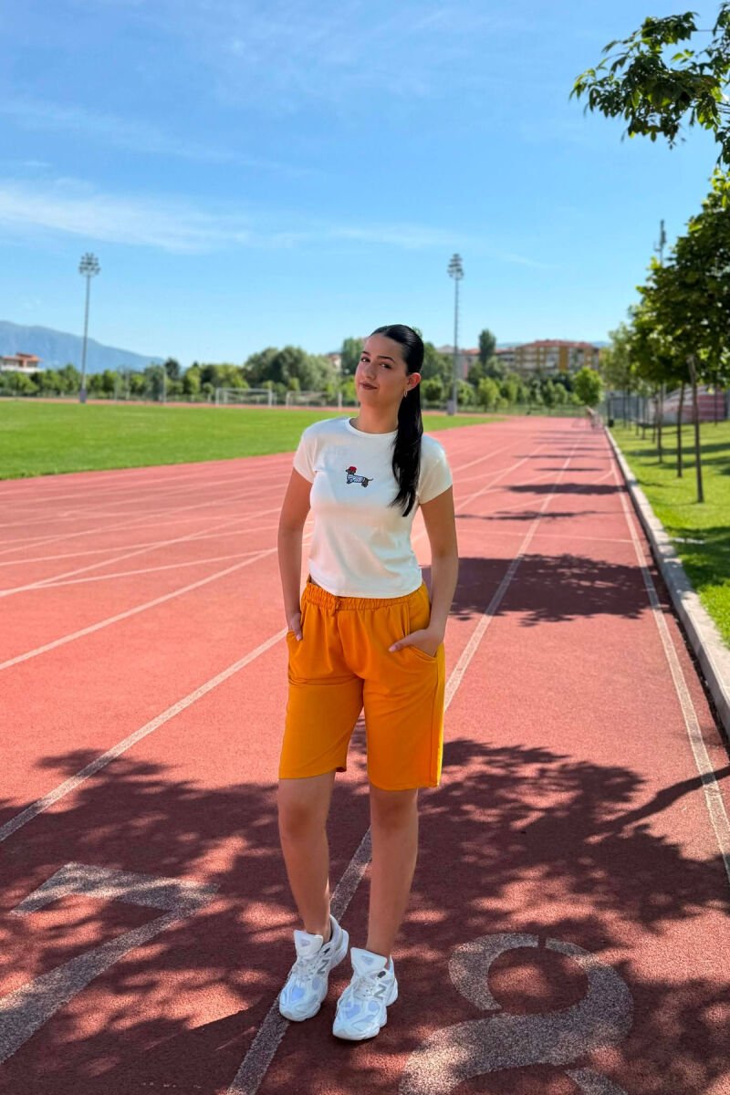 ONE COLOR SIMPLE WOMEN SHORT SWEATPANTS MUSTARD/MUSTARDE - 1