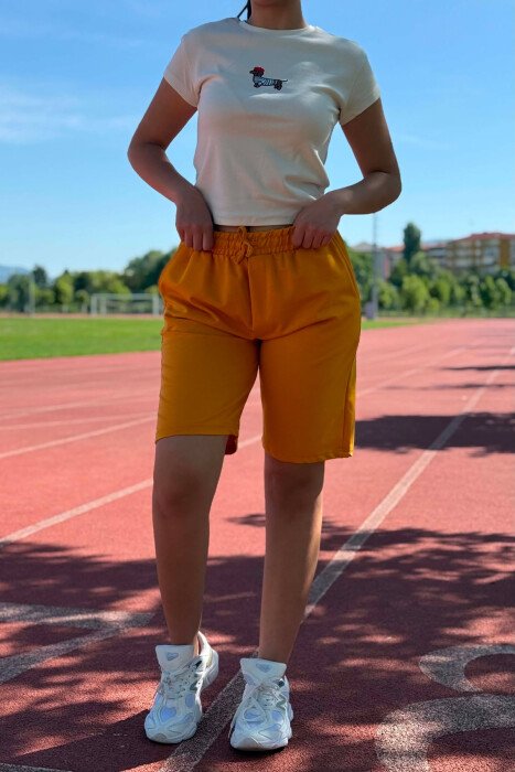 ONE COLOR SIMPLE WOMEN SHORT SWEATPANTS MUSTARD/MUSTARDE - 2