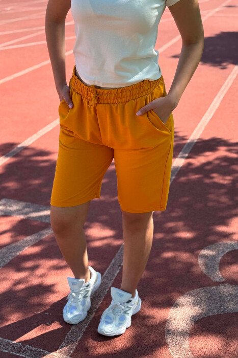 ONE COLOR SIMPLE WOMEN SHORT SWEATPANTS MUSTARD/MUSTARDE - 4