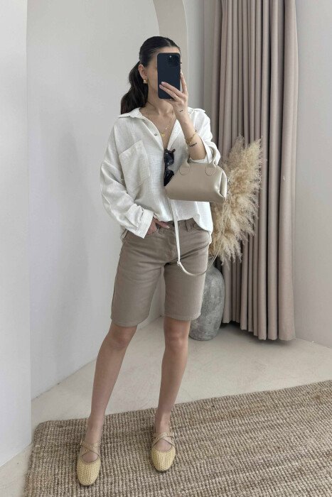 ONE COLOR SIMPLE WOMEN SHORTS BEIGE/BEZHE - 1