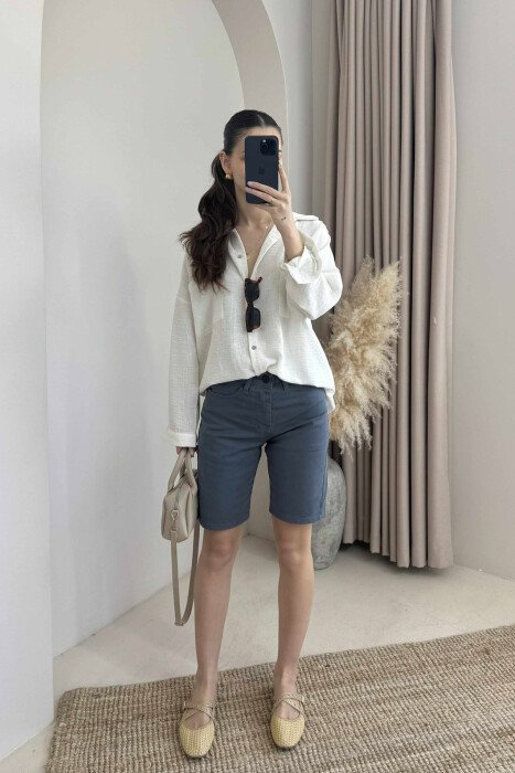 ONE COLOR SIMPLE WOMEN SHORTS BLUE STONE/GK - KLAUDIO FASHION