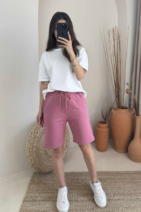 ONE COLOR SIMPLE WOMEN SHORT SWEATPANTS POWDER/PUDER - 