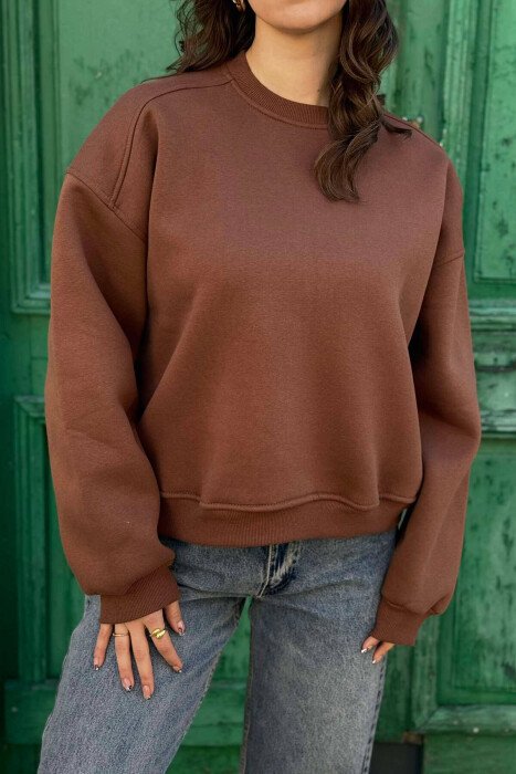 ONE COLOR SIMPLE WOMEN SWEATSHIRT BROWN/KAFE - KLAUDIO FASHION