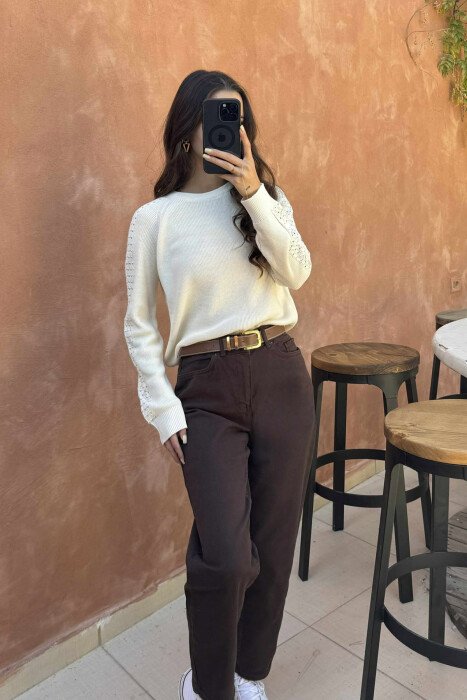 ONE COLOR SIMPLE WOMEN SWEATER CREAM/KREM - 2