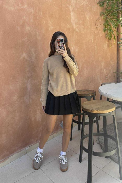 ONE COLOR SIMPLE WOMEN SWEATER LIGHT BROWN/KAZB 