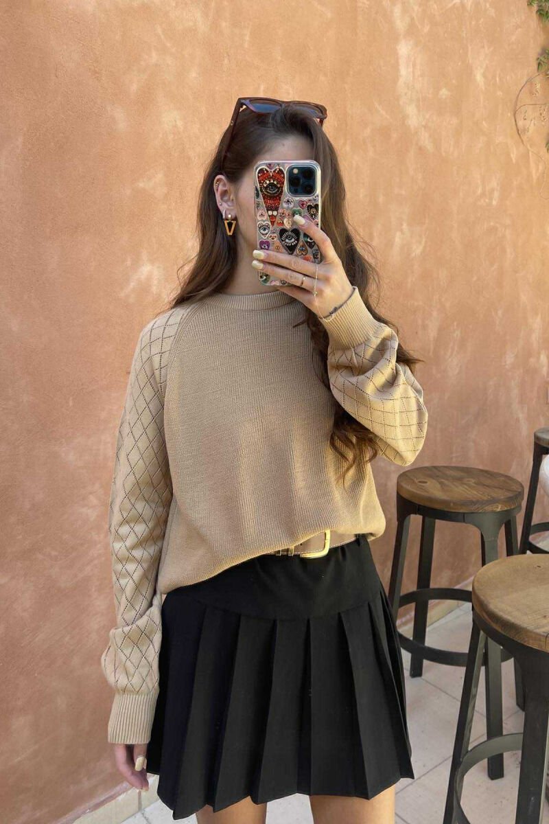 ONE COLOR SIMPLE WOMEN SWEATER LIGHT BROWN/KAZB - 2