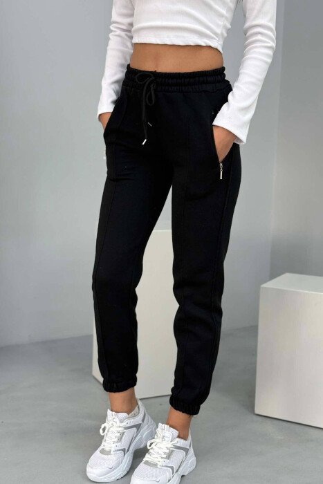 ONE COLOR FLUFFY WOMEN SWEATPANTS BLACK/ E ZEZE - KLAUDIO FASHION