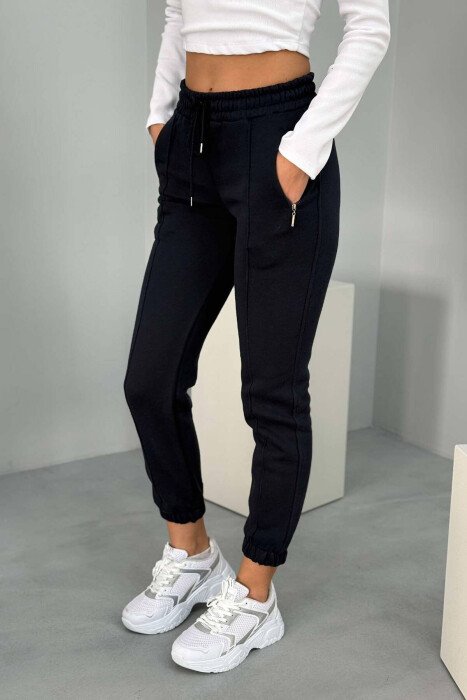 ONE COLOR FLUFFY WOMEN SWEATPANTS DARK BLUE/BEE - KLAUDIO FASHION