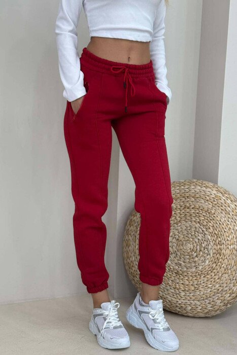 ONE COLOR FLUFFY WOMEN SWEATPANTS RED/E KUQE - KLAUDIO FASHION