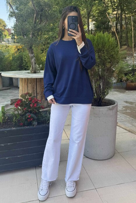 ONE COLOR SIMPLE WOMEN SWEATSHIRT BLUE/BLU - KLAUDIO FASHION
