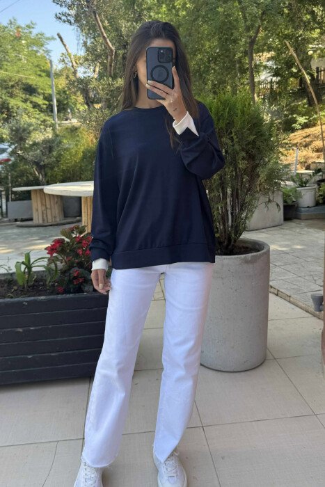 ONE COLOR SIMPLE WOMEN SWEATSHIRT DARK BLUE/BEE - KLAUDIO FASHION