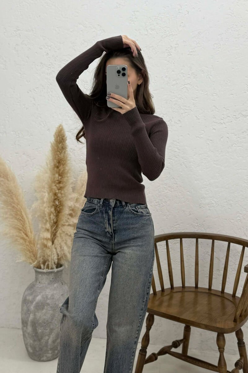 ONE COLOR SIMPLE WOMEN SWEATSHIRT DARK BROWN/KAE - 2