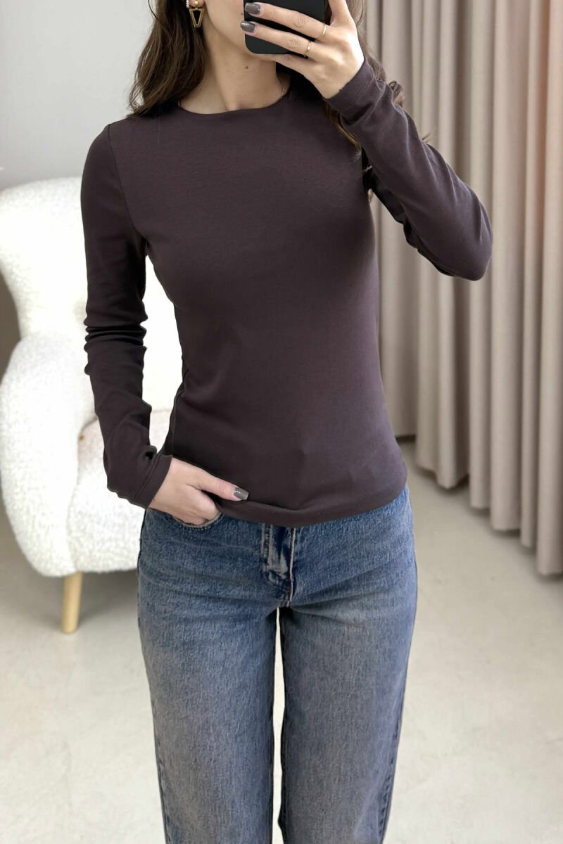ONE COLOR SIMPLE WOMEN SWEATSHIRT DARK BROWN/KAE - 3