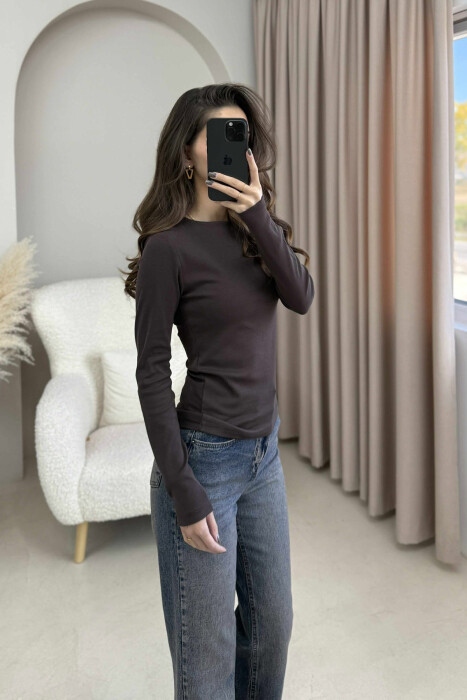 ONE COLOR SIMPLE WOMEN SWEATSHIRT DARK BROWN/KAE - 4