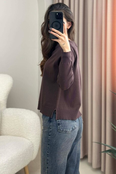 ONE COLOR SIMPLE WOMEN SWEATER DARK BROWN/KAE - 4