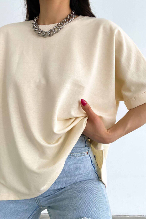 ONE COLOR SIMPLE WOMEN T-SHIRT BEIGE/BEZHE - 2