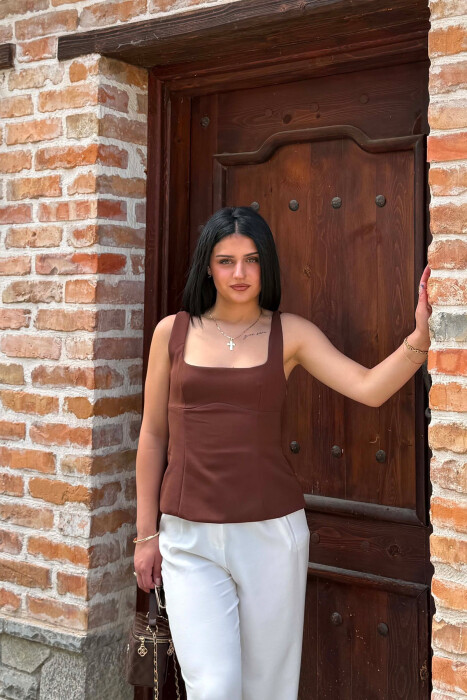ONE COLOR SIMPLE WOMEN TANK TOP BROWN/KAFE - 1