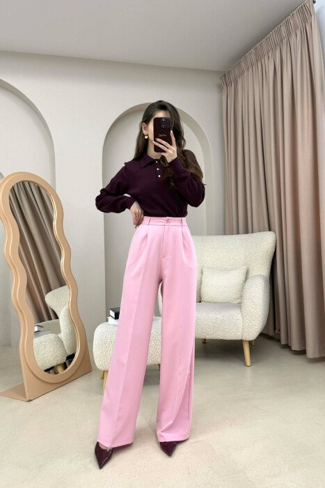 ONE COLOR SIMPLE WOMEN TROUSERS BABY PINK/ROZB - 2