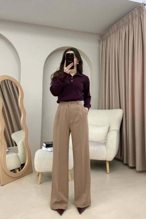 ONE COLOR SIMPLE WOMEN TROUSERS BEIGE/BEZHE - KLAUDIO FASHION