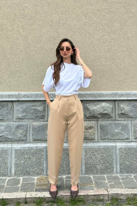 ONE COLOR SIMPLE WOMEN TROUSERS BEIGE/BEZHE - 1