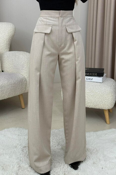 ONE COLOR SIMPLE WOMEN TROUSERS BEIGE/BEZHE - 1