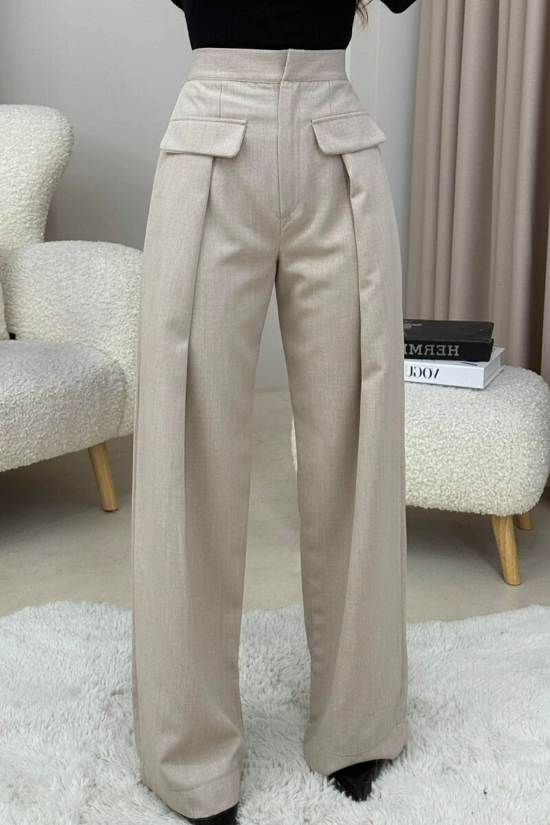 ONE COLOR SIMPLE WOMEN TROUSERS BEIGE/BEZHE - 1