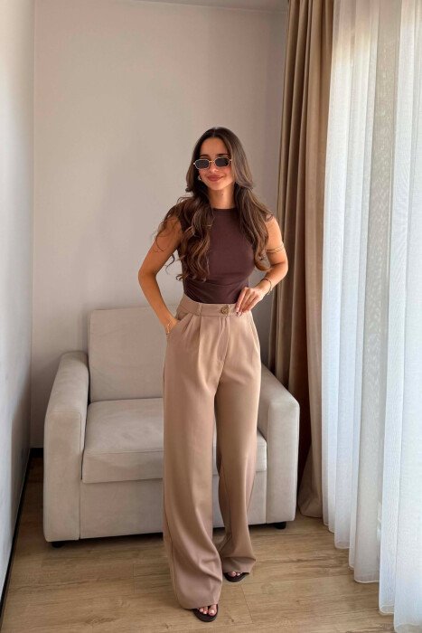 ONE COLOR SIMPLE WOMEN TROUSERS BEIGE/BEZHE - 4