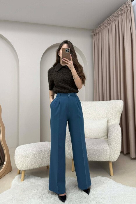 ONE COLOR SIMPLE WOMEN TROUSERS BLUE STONE/GK - KLAUDIO FASHION