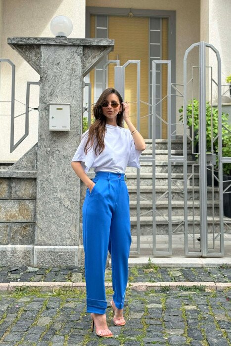 ONE COLOR SIMPLE WOMEN TROUSERS BLUE/BLU - 4