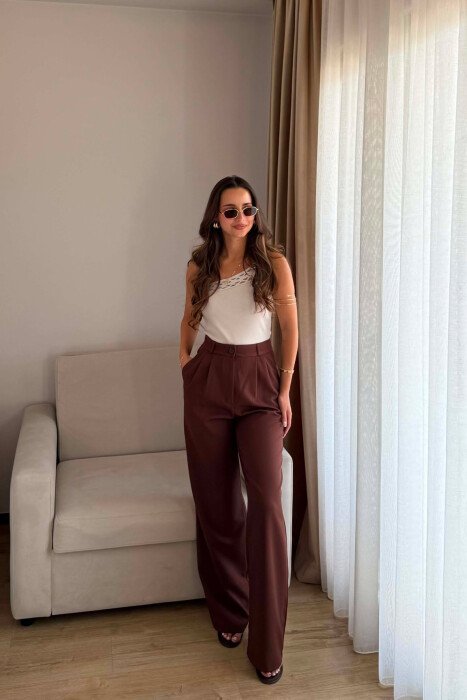 ONE COLOR SIMPLE WOMEN TROUSERS BROWN/KAFE - 1