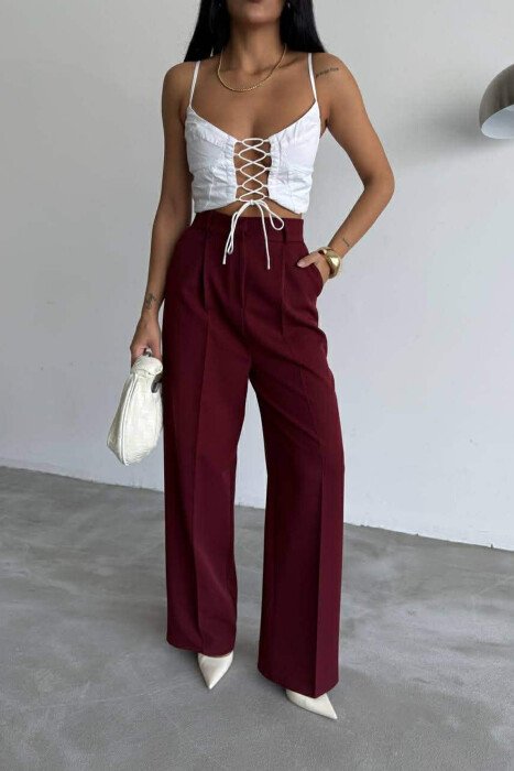 ONE COLOR SIMPLE WOMEN TROUSERS BURGUNDY/VISHNJE - 2