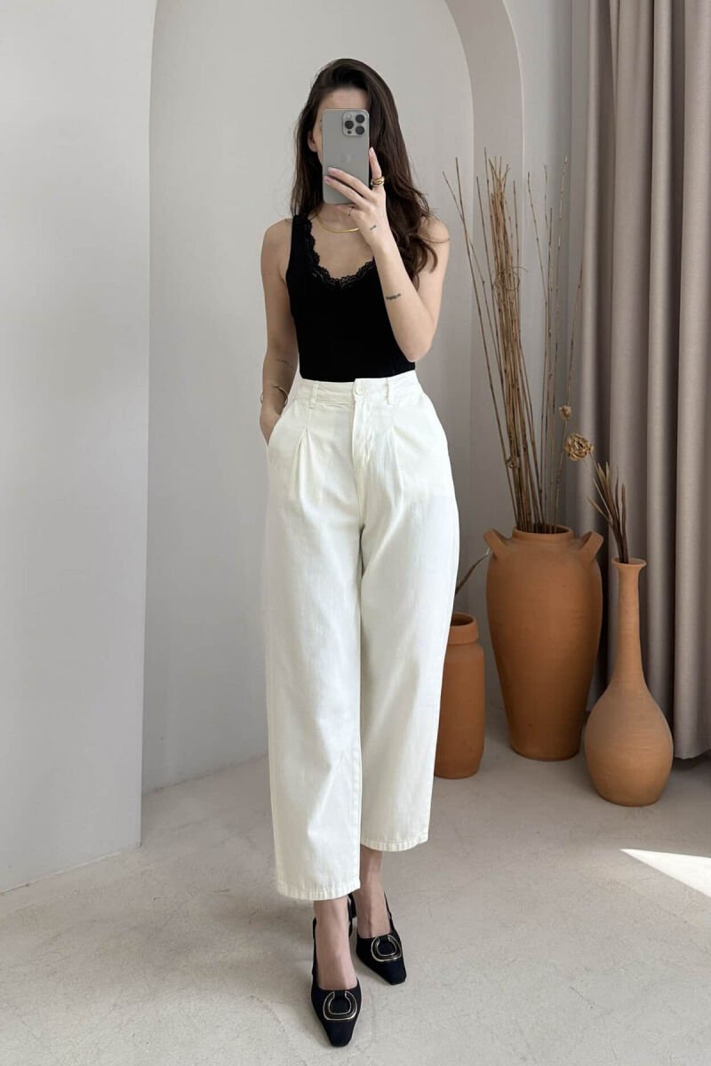 ONE COLOR SIMPLE WOMEN TROUSERS CREAM/KREM - 2
