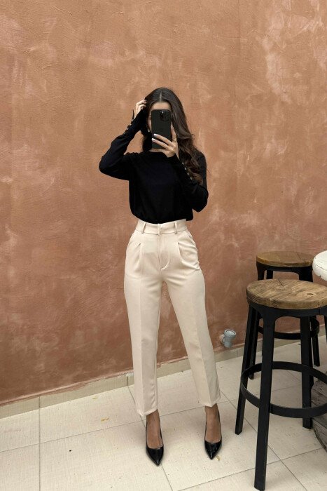 ONE COLOR SIMPLE WOMEN TROUSERS CREAM/KREM - 2